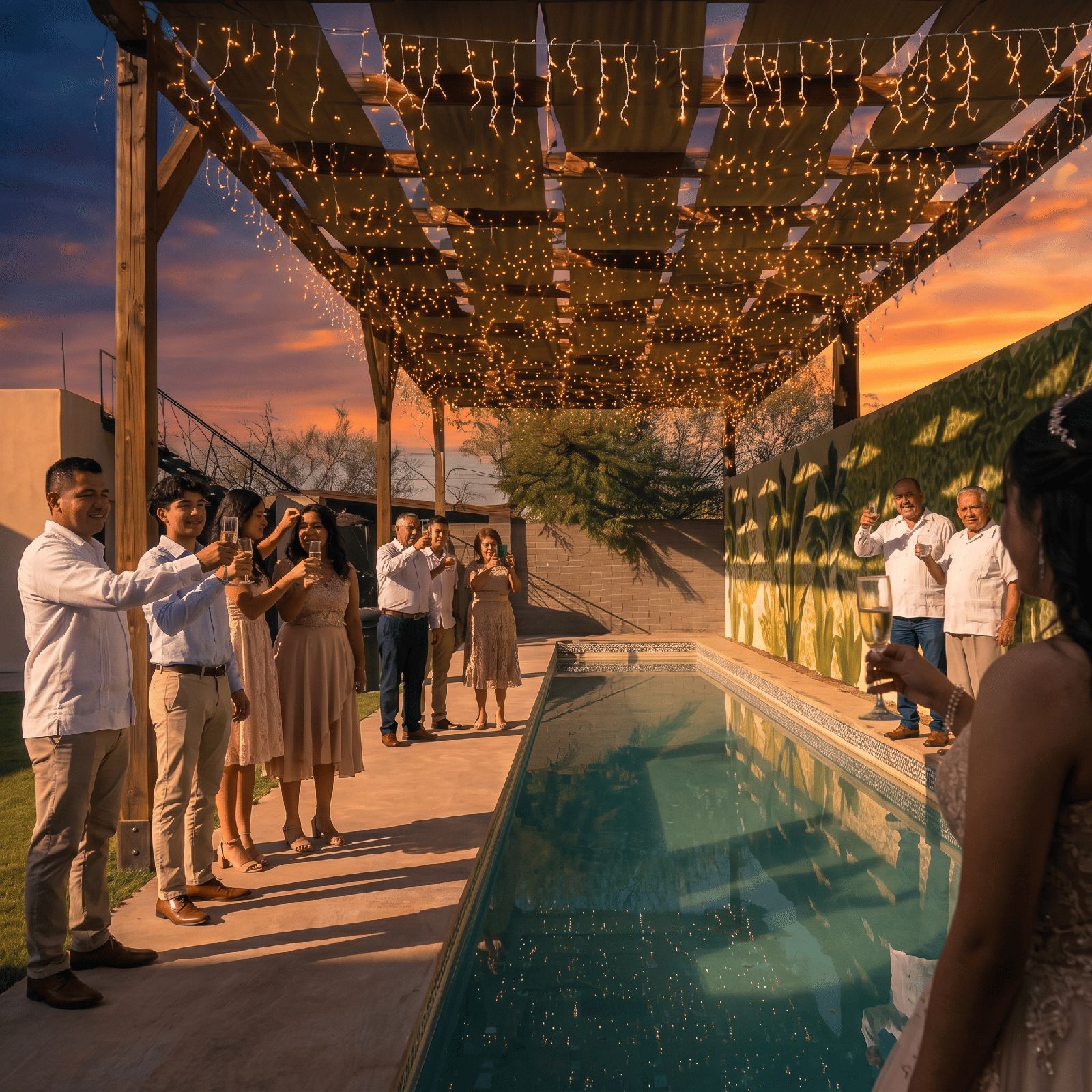 Boda al atardecer con piscina