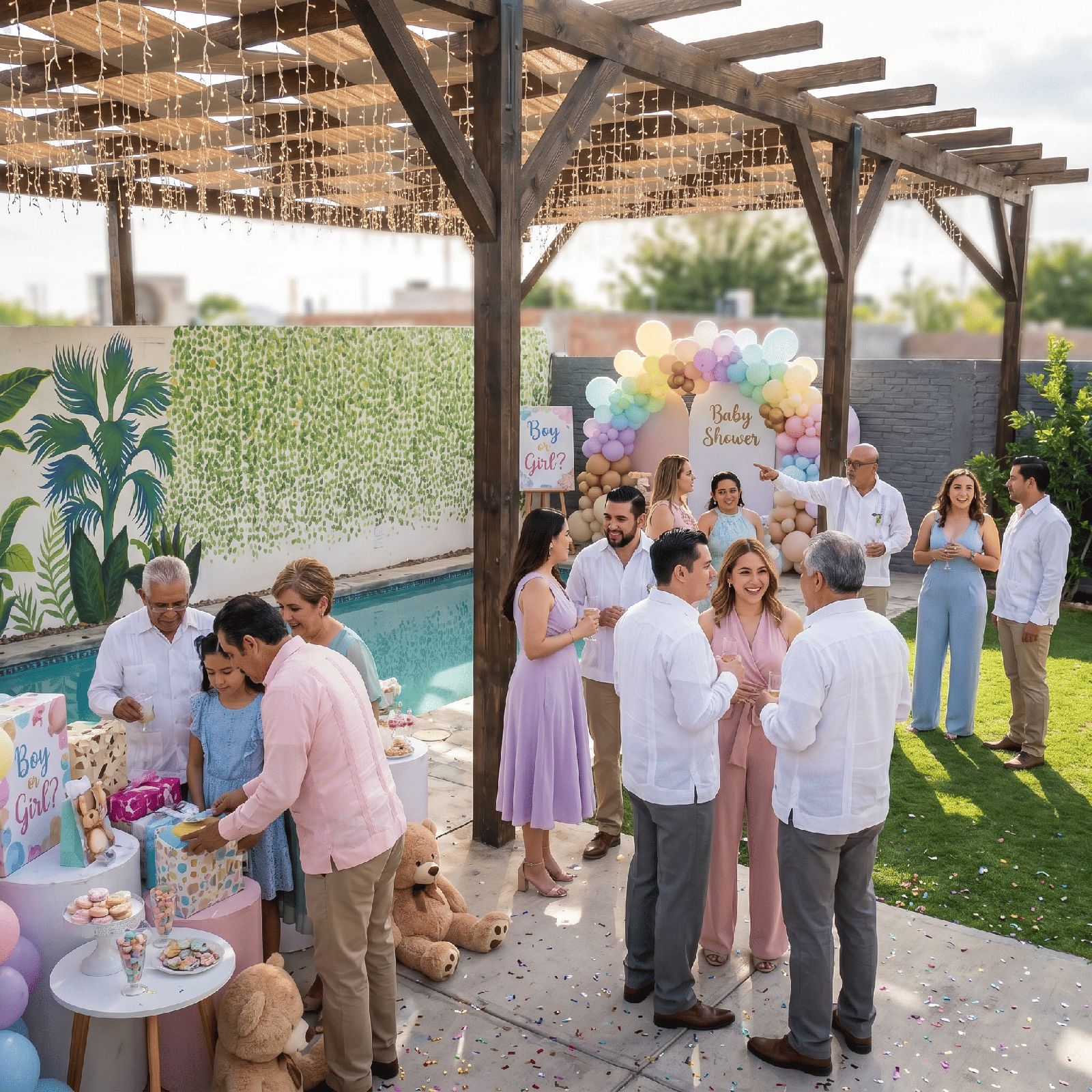 Baby shower en el jardín con piscina